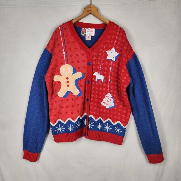 Merry Christmas Ugly Sweater Pullover Women's XL Red Blue Gingerbread Man - Picture 1 of 6